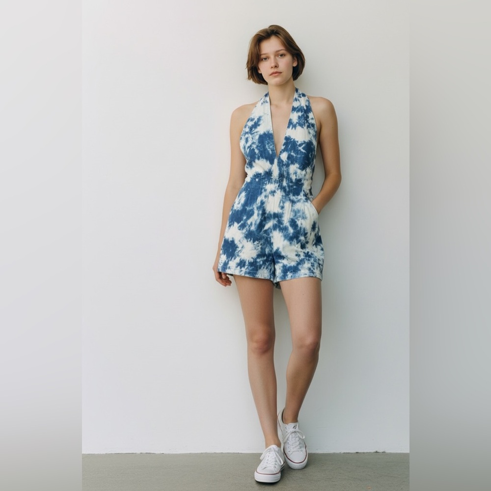 Athina Tie-Dye Halter Romper - Blue & White Cotton Denim Medium